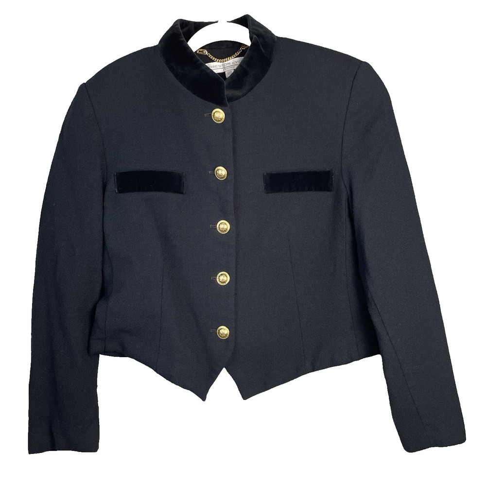 Preston & York 100% Wool Blazer Women's 12P Black Jacket Gold Buttons Military